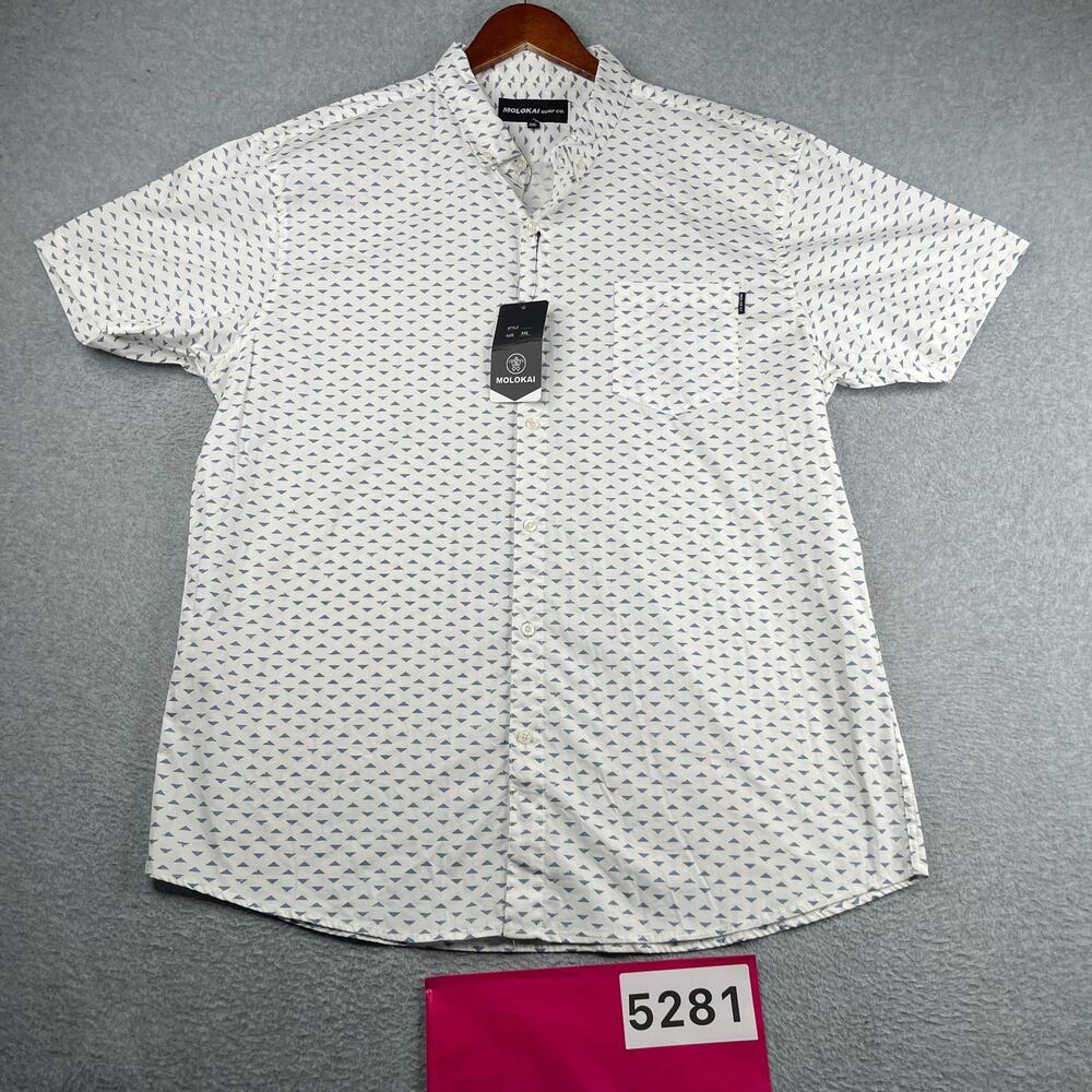 Molokai Surf Co Shirt White Blue Geometric Button Up Short Sleeve NEW NWT 2XL